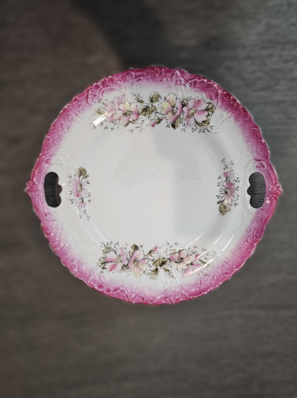 Antique Victorian Style Handled Porcelain Cake / Serving Plate – Pink & Magenta